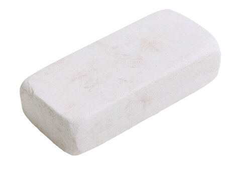 Single rectangular white rubber eraser with rounded edges, showing slight wear and texture, isolated on a clean white background