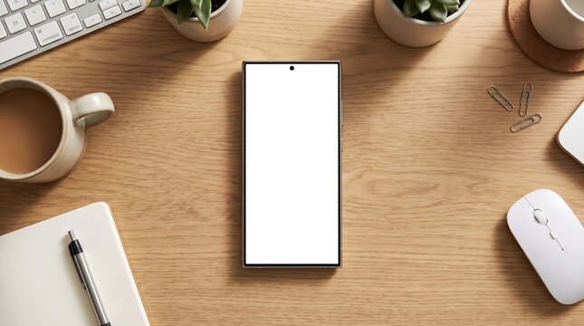 Blank Smartphone Mockup with White Screen on Wooden Table Top View