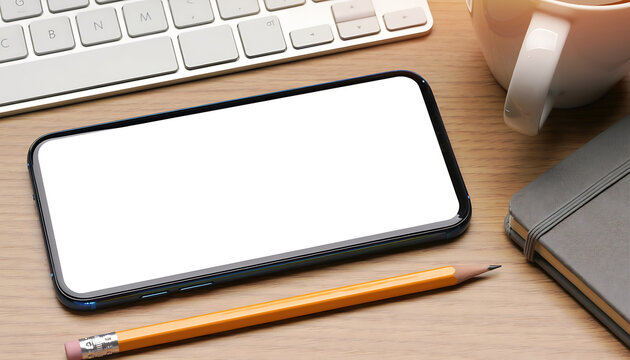 Blank Smartphone Mockup with White Screen on Wooden Table Top View