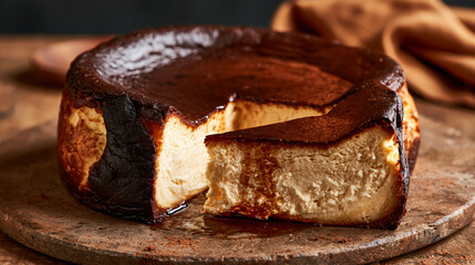 Fototapeta premium Basque burnt cheesecake with a caramelized top and a creamy slice on a rustic board