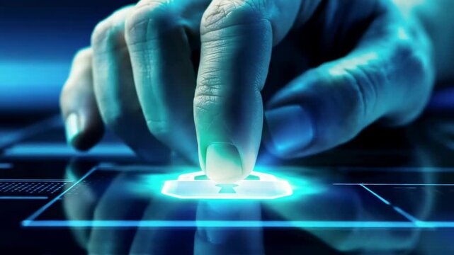 Human finger pressing glowing digital lock icon on reflective touchscreen as cyber security interface elements appear and illuminate during futuristic technology interaction sequence