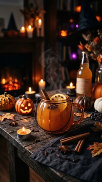 Spiced punch glows beside a carved jack-o-lantern. Candles, smoke, and autumn spices create a dark Halloween table. Seasonal drink styling for a party menu.