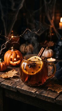 Spiced punch fills a glass mug with orange, cloves, and cinnamon. Pumpkins and candlelight decorate a rustic autumn table. A cozy Halloween drink suits a seasonal menu.