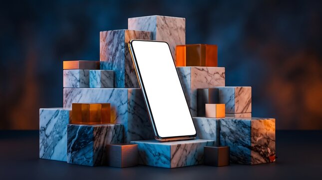 Blank Smartphone Mockup with White Screen on Wooden Table Top View