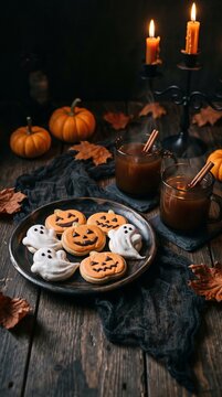 Decorated Halloween cookies and hot spiced drinks fill a festive table. Pumpkins, candles, and autumn leaves create a spooky setting. Seasonal party food concept.