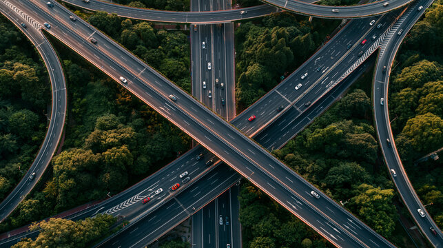 Aerial view of highway interchange and overpasses crossing through green urban landscape at dusk