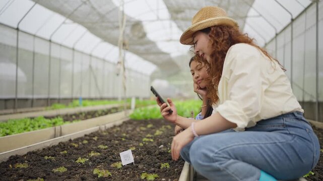 Woman and child explore plants together inside greenhouse. They crouch beside rows, examining young green shoots. Her smile suggests joy and curiosity