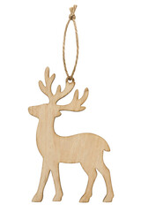 Simple wooden reindeer ornament with a natural twine hanger is isolated on a clean white background © no one
