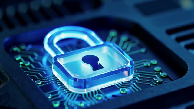 Glowing blue padlock with keyhole on circuit board as fingers approach and withdraw, illustrating digital security and cybersecurity technology in close up