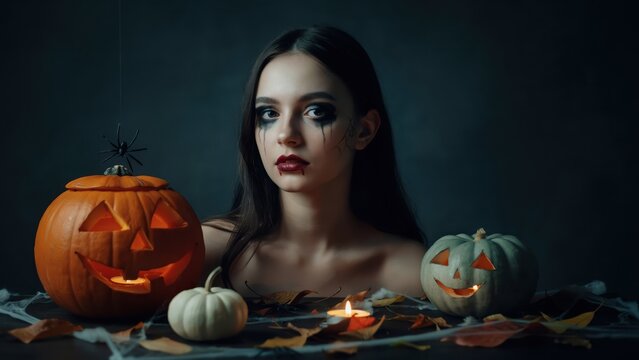 Young woman wearing creepy halloween makeup sitting beside glowing carved pumpkins with dark dramatic studio lighting