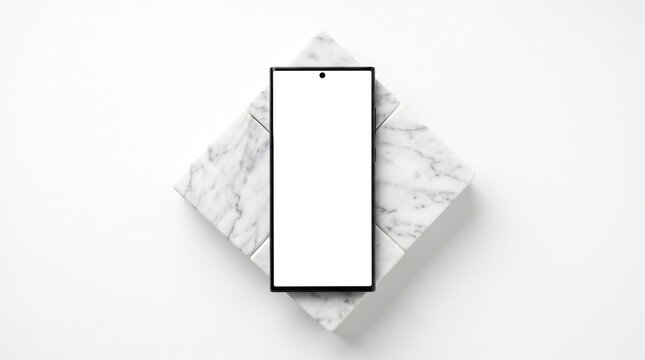 Blank Smartphone Mockup with White Screen on Wooden Table Top View