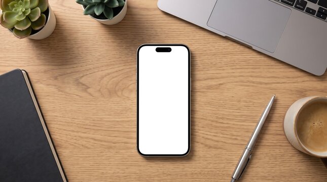Blank Smartphone Mockup with White Screen on Wooden Table Top View