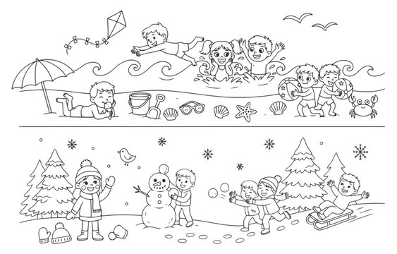 Educational black and white coloring sheet divided into four squares representing spring, summer, autumn, and winter with children in matching seasonal scenes.
