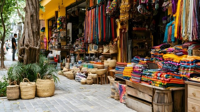 Vibrant market alley with colorful textiles  woven baskets  and rustic wooden displays under natural daylight