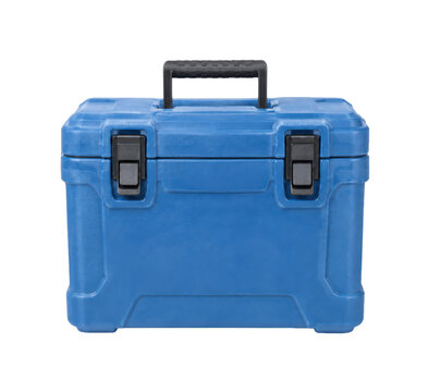 Sturdy blue plastic toolbox with a black handle and latches, presented on a clean white background