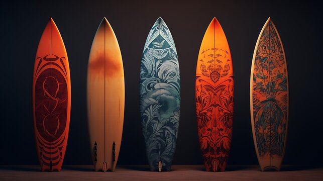 Vibrant custom surfboards with intricate artistic patterns stand in row.