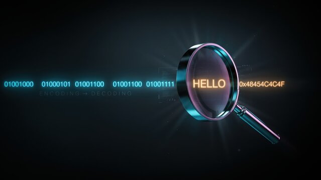 Magnifying glass reveals digital binary code transforming into readable text against a dark glowing background