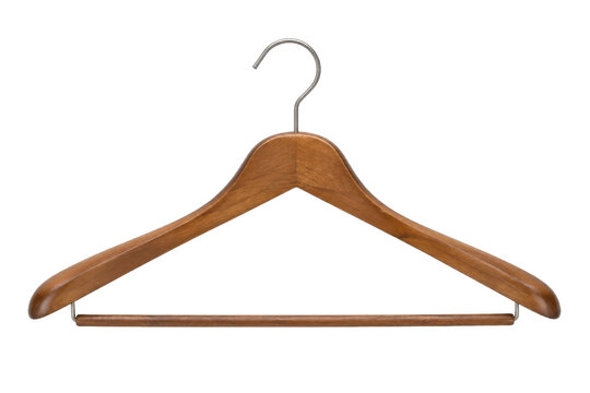 Single brown wooden clothes hanger with a shiny silver metal hook is centered on a clean white background