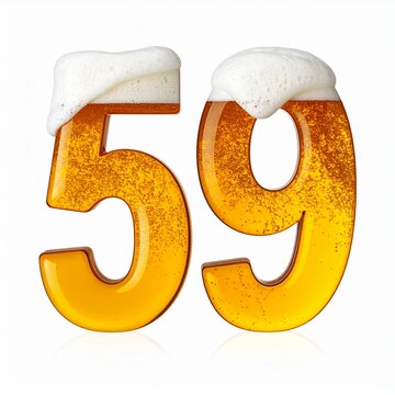 Beer Glass Shaped as Number 59 with Foam and Bubbles on White Background for Birthday and Anniversary Celebration