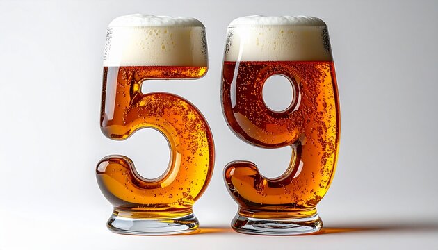 Beer Glass Shaped as Number 59 with Foam and Bubbles on White Background for Birthday and Anniversary Celebration