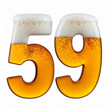 Beer Glass Shaped as Number 59 with Foam and Bubbles on White Background for Birthday and Anniversary Celebration