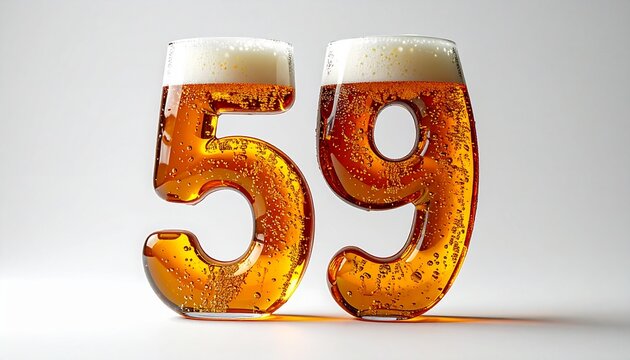 Beer Glass Shaped as Number 59 with Foam and Bubbles on White Background for Birthday and Anniversary Celebration