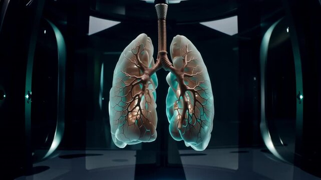 Illuminated human lungs displayed inside futuristic transparent medical chamber as camera moves closer, highlighting detailed airways and respiratory anatomy in dark technological environment