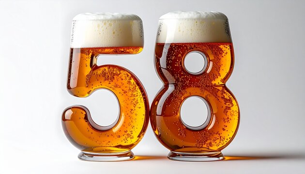 Beer Glass Shaped as Number 58 with Foam and Bubbles on White Background for Birthday and Anniversary Celebration