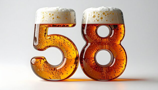 Beer Glass Shaped as Number 58 with Foam and Bubbles on White Background for Birthday and Anniversary Celebration