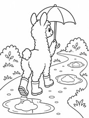 Fototapeta premium Cute cartoon llama wearing boots holding umbrella walking through puddles, kids educational weather science activity coloring page vector