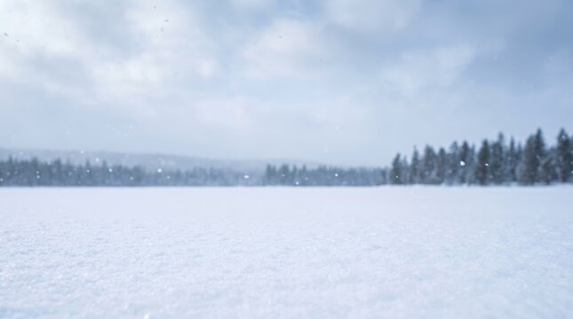 Snowy winter background with pristine snow foreground and distant evergreen forest softened by falling snow. Cool diffused daylight with atmospheric perspective and generous copy space