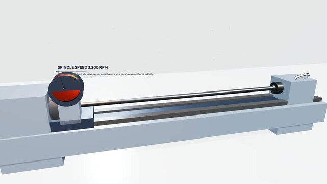 3D Animation of Piano Bass String Manufacturing Process Showing Copper Winding on High-Tensile Steel Core with Technical Specifications