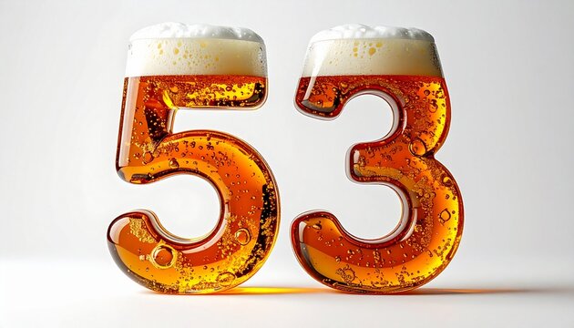 Beer Glass Shaped as Number 53 with Foam and Bubbles on White Background for Birthday and Anniversary Celebration