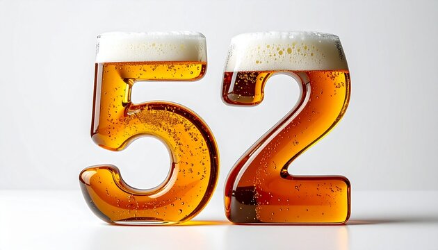 Beer Glass Shaped as Number 52 with Foam and Bubbles on White Background for Birthday and Anniversary Celebration