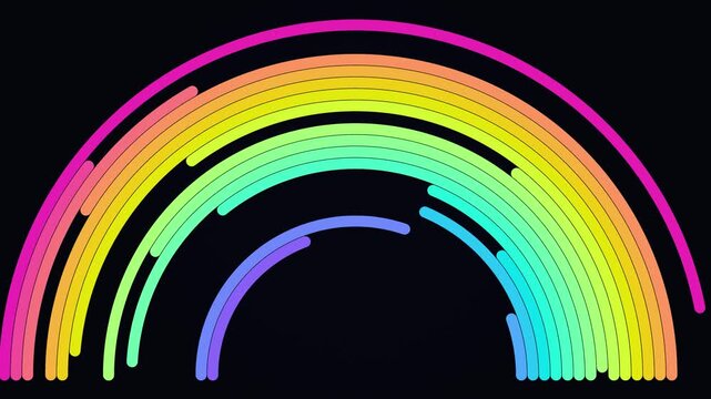 Rainbow gradient semicircular arch drawing on and off on a dark background, seamless loop animation