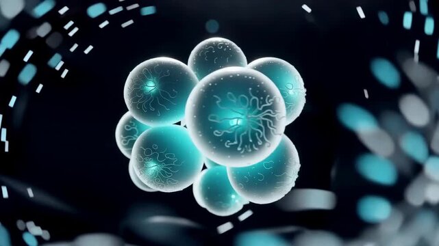 Glowing turquoise spheres rotate as a swirling stream of particles surrounds an abstract biological cluster in dark blue cinematic space, digital science animation