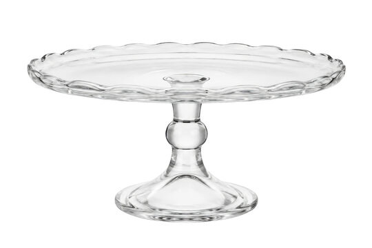 Elegant clear glass cake stand with a scalloped edge and decorative stem, isolated on a clean white background