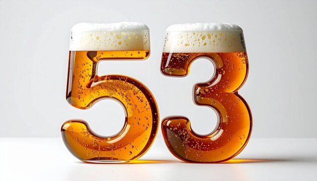 Beer Glass Shaped as Number 53 with Foam and Bubbles on White Background for Birthday and Anniversary Celebration