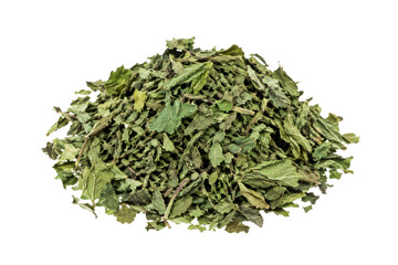 Large pile of dried green mint leaves, showing their textured surface and natural color, isolated on a clean white background © no one