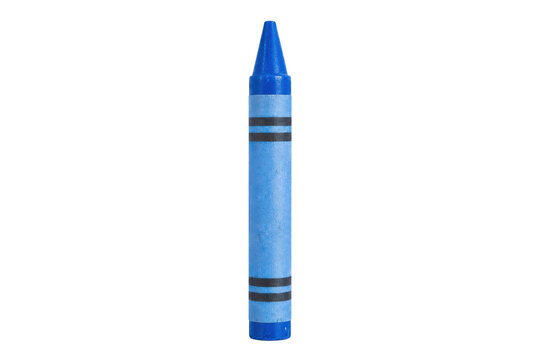 Single blue crayon with a pointed tip and two black stripes, standing upright on a white background