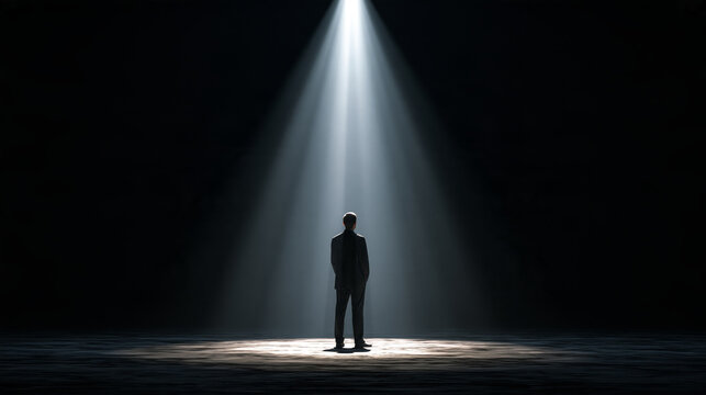 Businessman standing alone in a dramatic spotlight on a dark stage, symbolizing leadership and solitude