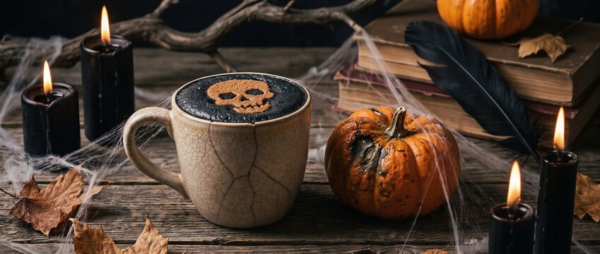 Skull topped drink sits in a rustic mug. Pumpkins, candles, cobwebs, leaves, and old books create a spooky Halloween table. Seasonal menu concept.