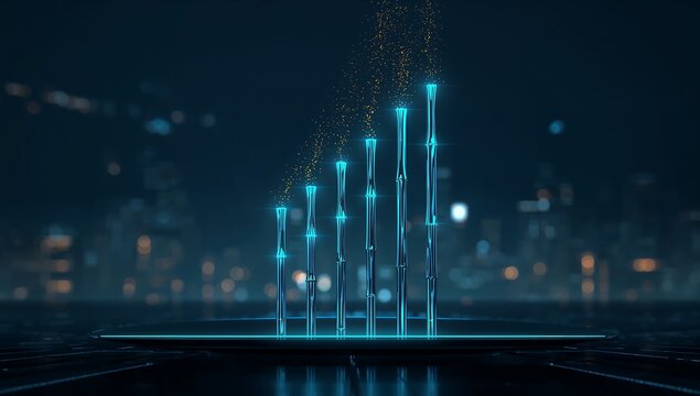 Generative AI digital data visualization showing rising bar graph with glowing effects