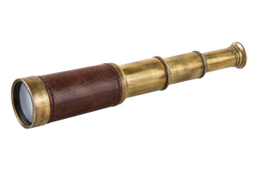 Fototapeta premium Vintage brass and brown leather telescope with a classic design, positioned diagonally on a clean white background