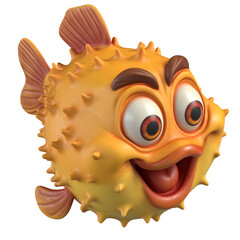 Cute Cartoon Pufferfish Character with Spikes, Yellow and Orange Glossy 3D Render Isolated on Transparent Background © Shiva3D