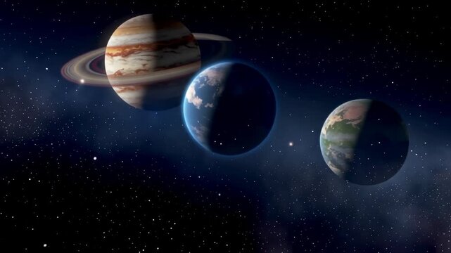 Planets drifting through colorful cosmic space with Jupiter, ringed Saturn, Earthlike worlds, glowing stars, and sparkling particles in a surreal astronomical animation