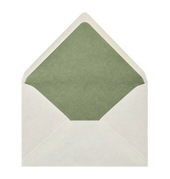 Open white textured envelope with a sage green inner lining, viewed from a high angle on a clean white background