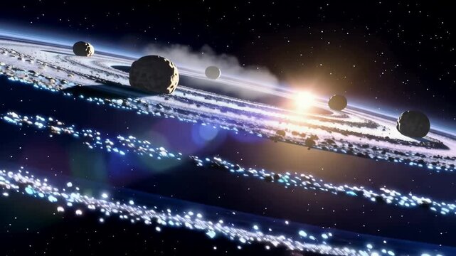 Rotating ringed planet system with rocky moons and glowing debris orbiting in space beneath a bright star, cinematic cosmic animation and astronomical illustration