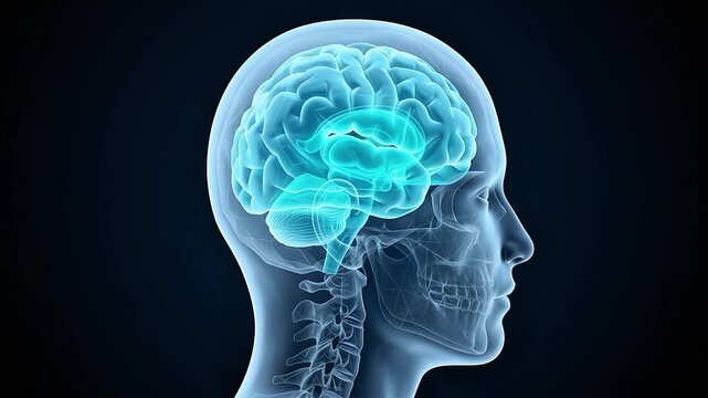 3D medical animation of a human head profile showing a glowing blue brain and cervical spine on a dark background