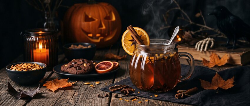 Warm mug of spiced tea sits on a dark wooden table surrounded by autumn decor. A carved pumpkin and candle glow in the background. This cozy scene captures the spirit of the fall